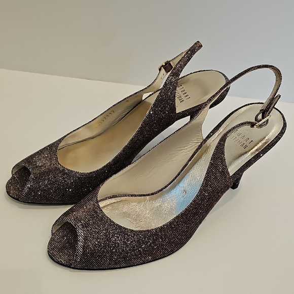 Stuart Weitzman Shimmering Gold Silver Peep-Toe Heels - Picture 3 of 12